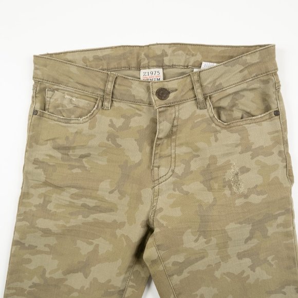 ZARA Basic Denim army green camo print distressed skinny jeans size 2 - Picture 7 of 10